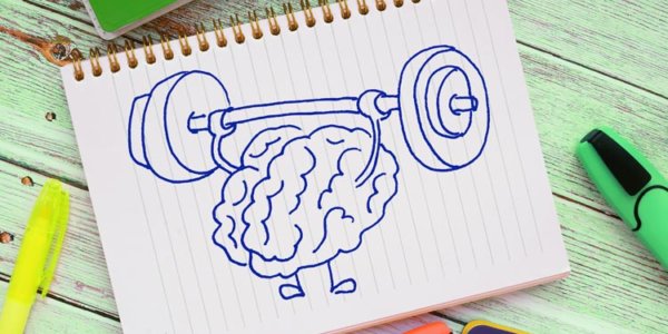 Brain training rock the muscles with a barbell. Creative idea concept.