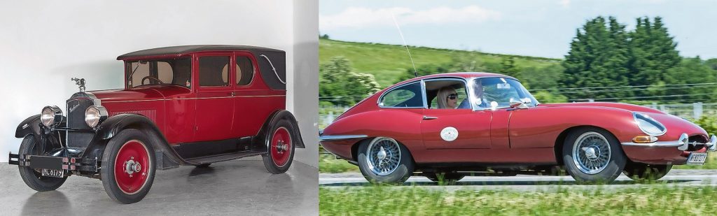 Zwei echte Klassiker: ein Packard Six Shooting Brake aus 1927 (li.) und ein Jaguar E-Type Coupé (re.). 